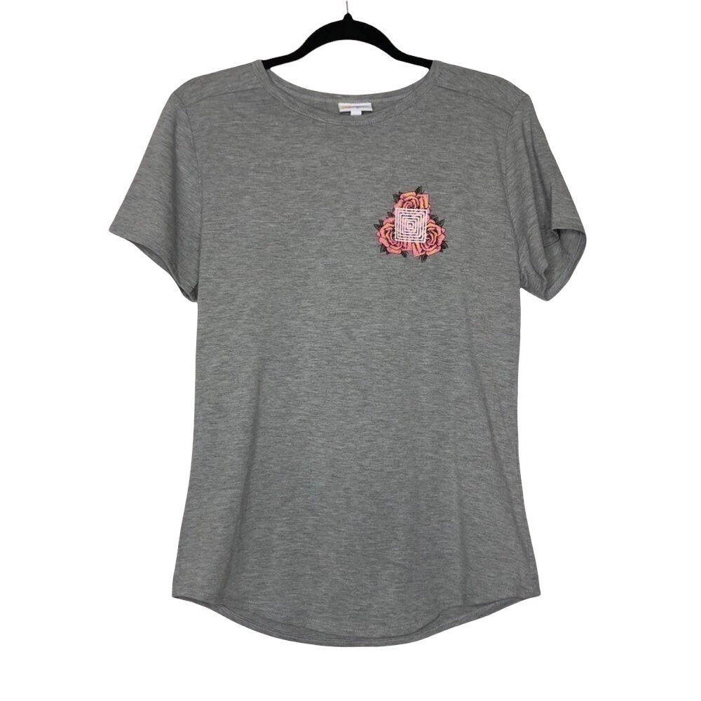 New - LULAROE Gray Graphic Tee w Roses & Logo Short Sleeveless - Size Small